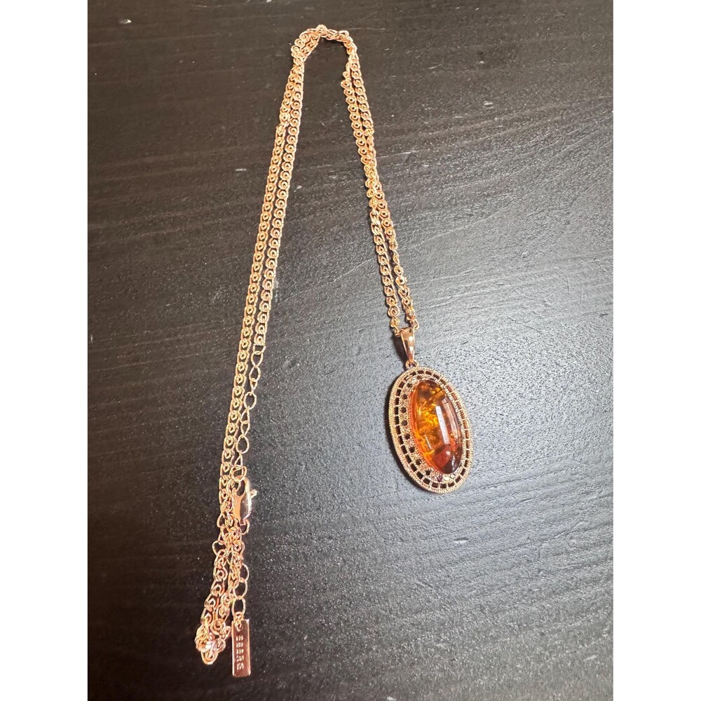 585 14K RG Stamped Oval Natural Cabochon Amber Halo Pendant 19” Necklace Chain